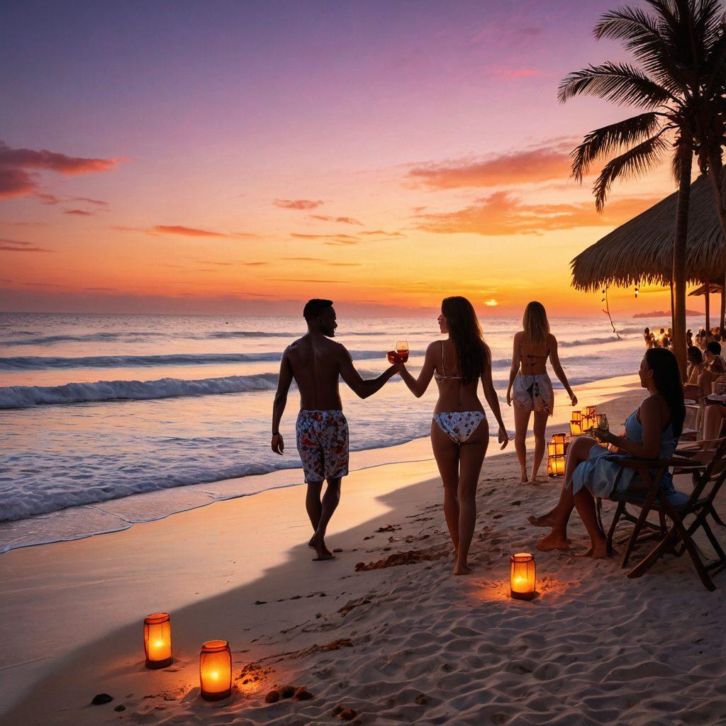 A vibrant scene depicting a serene beach at sunset, where diverse groups of joyful adults engage in various sensual experiences such as dance, laughter, and intimate conversations. Include elements of colorful beach cocktails, soft lanterns illuminating the surroundings, and warm ocean waves gently lapping at the shore. The overall ambiance should feel inviting and celebratory, capturing the essence of adult entertainment. super-realistic. vibrant colors. warm tones.