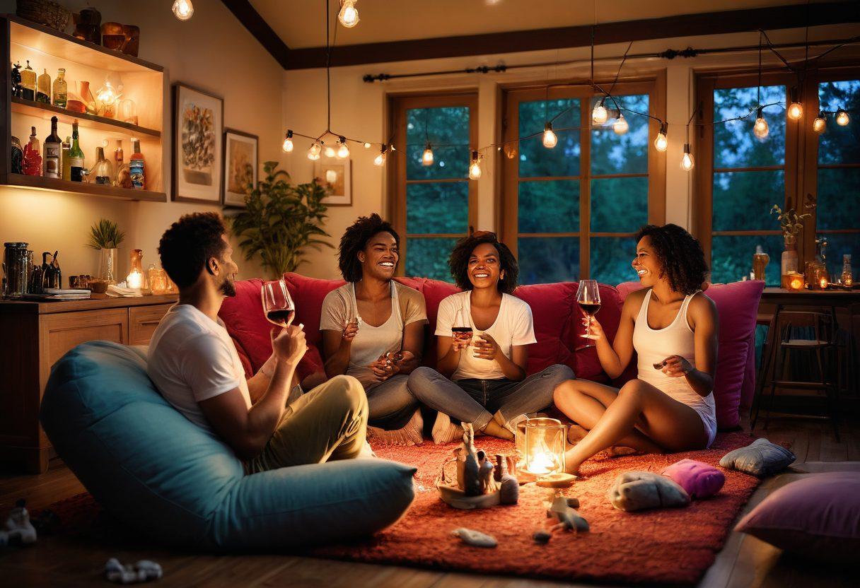 A vibrant and playful scene featuring diverse couples engaging in joyful and adventurous activities related to sexual wellness, surrounded by colorful and imaginative novelty items like toys and games. Incorporate elements of relaxation and enjoyment, such as a cozy setting with soft lighting, wine glasses, and laughter. Emphasize inclusivity and celebration of joyful experiences. playful and whimsical style. vibrant colors. 3D.