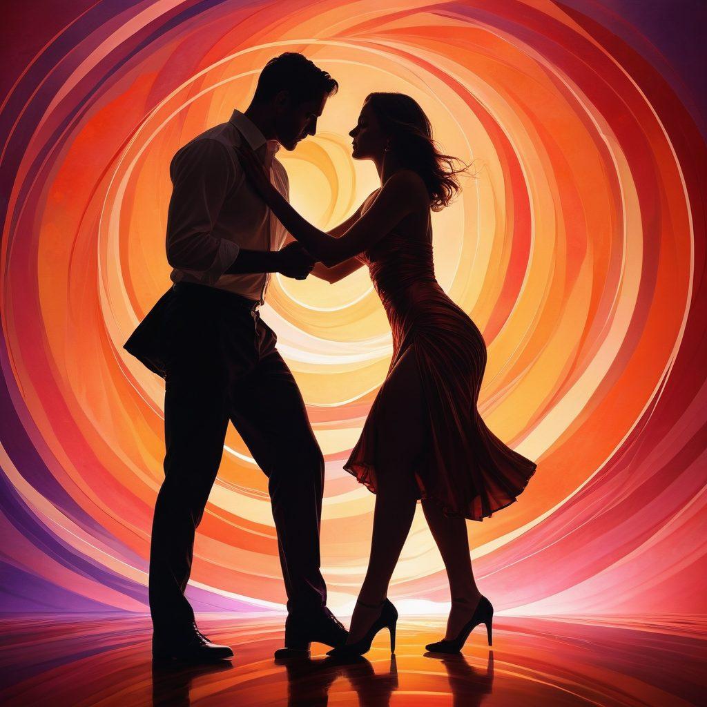 A mesmerizing scene featuring a romantic setting with soft, dim lighting, showcasing a couple exploring sensual adventures together. Elements of modern erotic art like abstract shapes, subtle textures, and themes of intimacy should flow within the background. Incorporate vibrant colors to enhance allure and excitement. Include suggestive silhouettes and playful visual motifs of passion and discovery. whimsical, vibrant colors, artistic illustration.